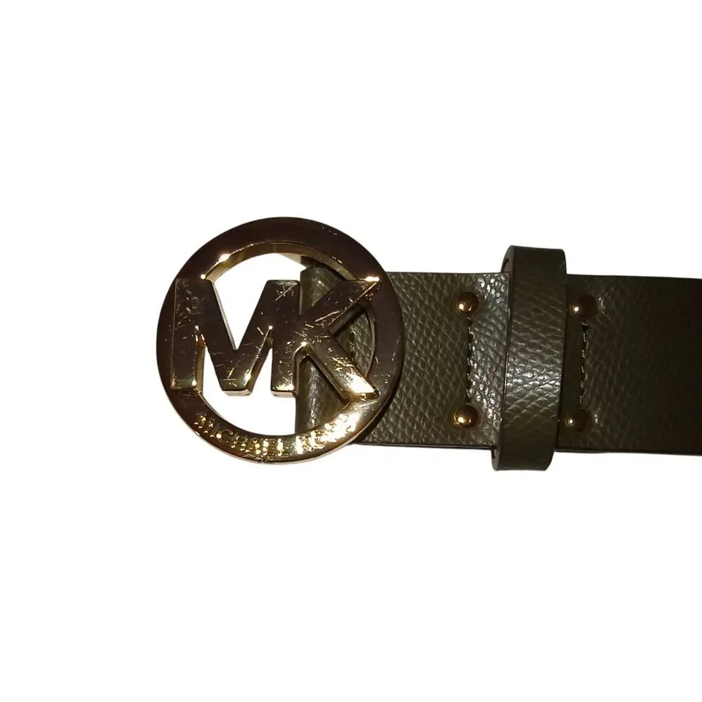 Michael Kors Belt Women Size XL Green Genuine Leather Classic MK Logo Gold toned